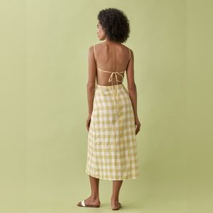 Reformation Linen Nia Midi Dress - Dandelion Check Front Slit Tie Back Open Back